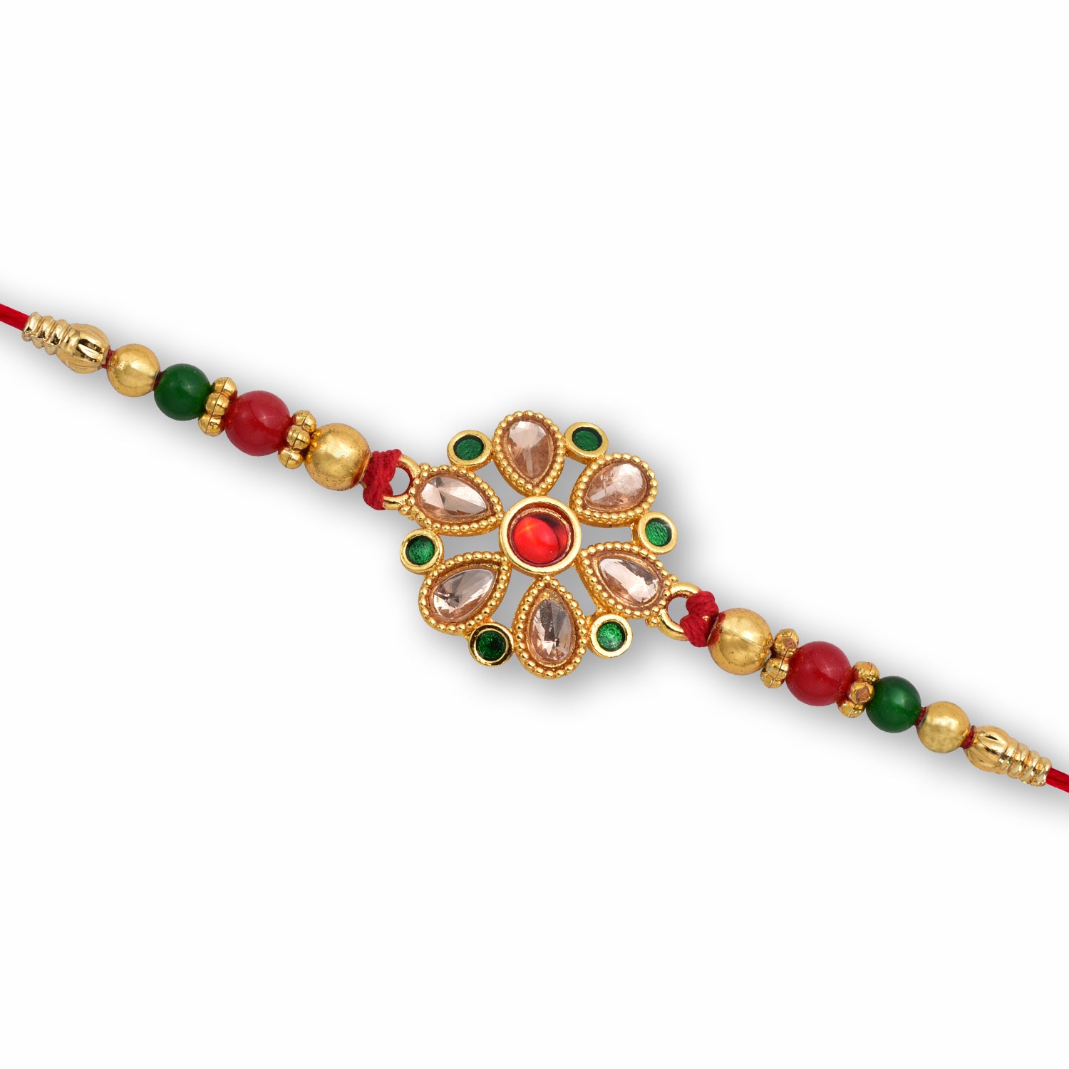 Floral Kundan Rakhi With Red-green Beads And Golden Finish Floral Kundan Rakhi With Red-green Beads And Golden Finish